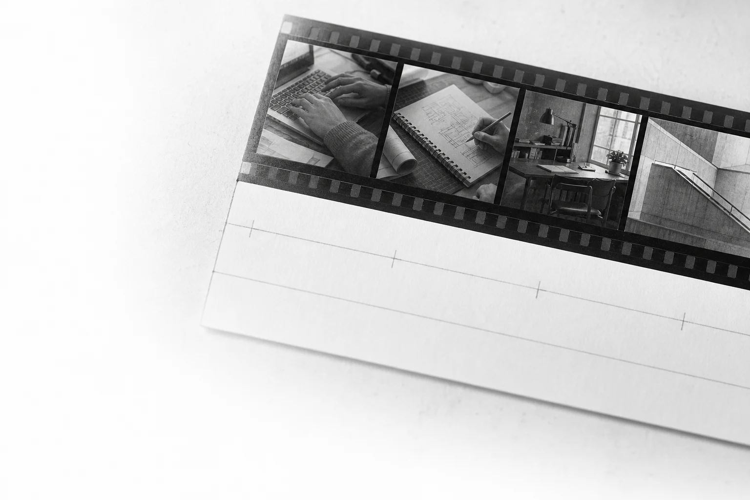 Black-and-white film contact sheet showing a keyboard, notebook sketches, a studio desk, and architecture